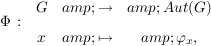 $ \Phi \, : \, \begin{array}{ccc} G &amp; \to &amp; Aut(G) \\[5pt] x &amp; \mapsto &amp; \varphi_x, \end{array} $